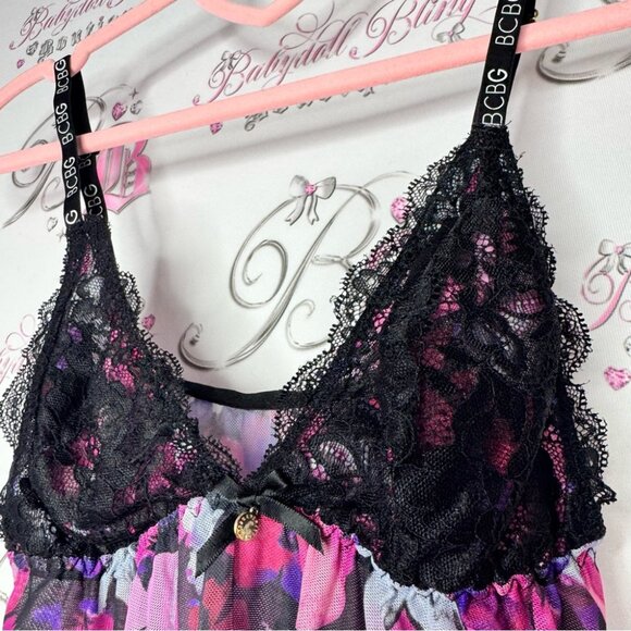 Bcbg tank top crop floral mesh black pink purple white logo straps sexy cute - Picture 8 of 9